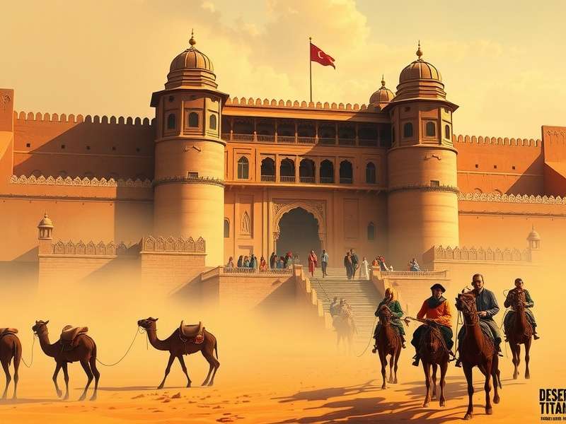 Desert Titans Key Art showing Rajasthani fort in Thar Desert with camel caravans